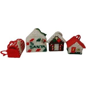 Vintage Handcrafted Needlepoint Christmas Ornaments Plastic Canvas Set of Four‎